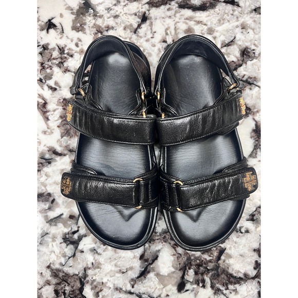 Tory Burch Black Leather Platform Sporty Sandals Gold Logo Women's Size 7 - Picture 3 of 8